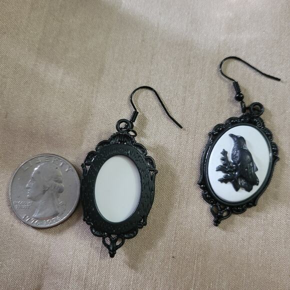 Black Raven Cameo Hook Earrings - Picture 3 of 4